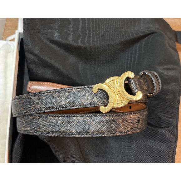 CELINE Small Triomphe Belt 18mm Brown Triomphe Canvas Tan Size 90 NIB